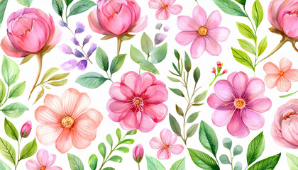 Watercolor pattern of pink flowers, twigs with green leaves, white background. Botanical artwork.
