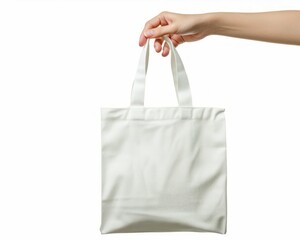 hand holding bag canvas fabric for mockup blank template isolated on gray background.
