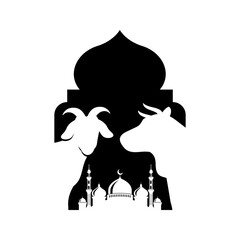 Eid al-Adha Mubarak Silhouette vector background. Cow and goat isolated on arch mosque.