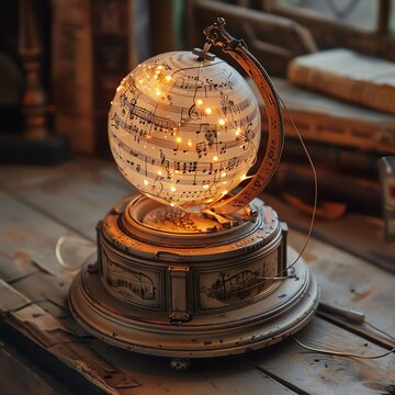 Vintage music-themed globe lamp with intricate details and warm lights, adding a nostalgic touch to any decor.