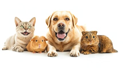 happy smiling yellow labrador retriever sitting on white background, smiling british cat next to him, a guinea pig and a hamstaer next to them look at the camera free space on top