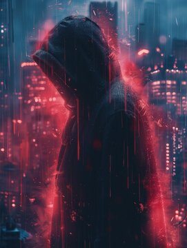 Personne anonyme dans une ambiance futuriste cypherpunk, concept d'anonymat. Anonymous person in a cypherpunk atmosphere, concept of anonymity.