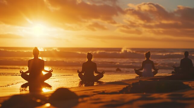 Yoga session on a quiet beach at sunset, participants in meditative poses facing the ocean, soft golden light, calming and rejuvenating experience, copy space.,