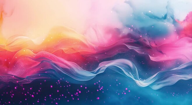 Pink blue and yellow abstract painting with a wave going through it