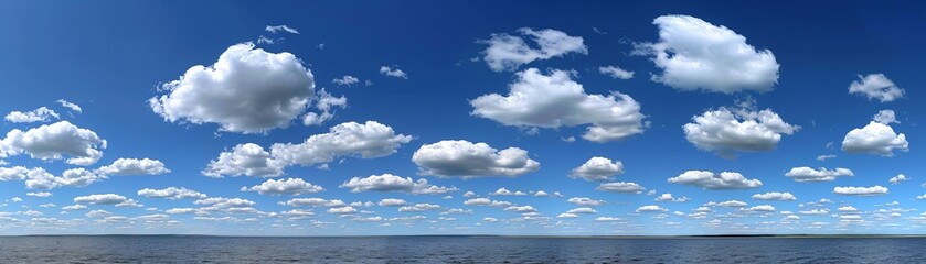 A panoramic view of a clear blue sky with fluffy white clouds, creating a beautiful and serene background that stretches to the horizon , The images are of high quality and clarity
