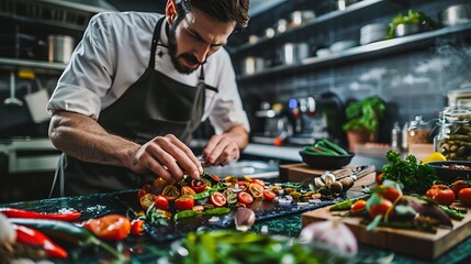 Chef preparing a gourmet dish in a highend restaurant kitchen, vibrant ingredients and meticulous presentation, focus on culinary artistry and flavors, copy space.,