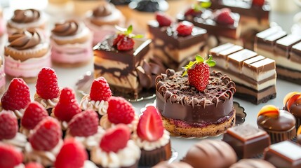 Exquisite dessert selection at a gourmet patisserie, intricate pastries and chocolates on display, artistic presentation, mouthwatering and luxurious, copy space.,