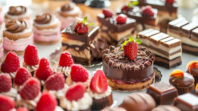 Exquisite dessert selection at a gourmet patisserie, intricate pastries and chocolates on display, artistic presentation, mouthwatering and luxurious, copy space.,