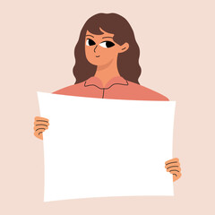 Young woman holding blank placard, poster, mockup. Pretty girl swowing empty presentation. Isolated illustration.