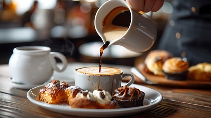 Barista pouring latte art into a cup of steaming coffee, accompanied by a plate of assorted pastries, chic cafe setting, focus on craftsmanship and indulgence, copy space.,