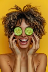 A woman with cucumbers sticking to her eyes for beauty