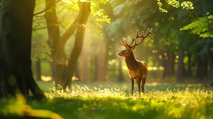 Majestic deer standing in a lush forest clearing, sunlight filtering through the trees, serene and natural atmosphere, wild and free, copy space., - Powered by Adobe