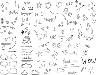 Sketch line arrow element, star, heart shape. Hand drawn doodle sketch style circle, cloud speech bubble grunge element. Arrow, star, heart decoration. Vector illustration.eps10