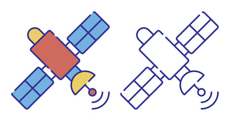 Thin line stroked color icon. Telecommunications orbital satellite sends signal to receiving device. Navigation spacecraft for transmitting. Simple vector isolated on white background