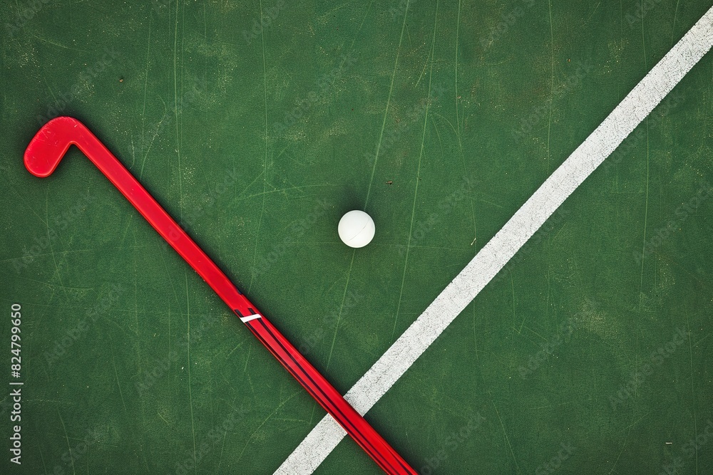 Canvas Prints Field hockey stick and balls on green grass. Horizontal sport theme poster, greeting cards, headers, website and app