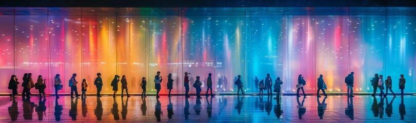 Figures in silhouette move amid the vibrant glow of cascading neon lights, capturing the energy of urban nightlife