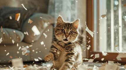 Tabby Cat Running Through Confetti Mess