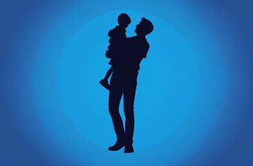 Dad hugs his son on solid blue background