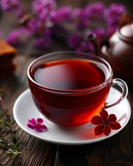 Aesthetic closeup of a steaming cup of tea with purple flowers and a teapot, giving a warm, inviting teatime atmosphere