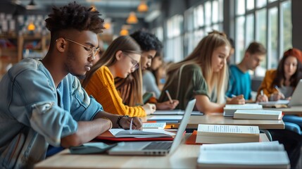 Fototapeta premium Students attentively reading and taking notes in a modern classroom, textbooks and laptops on desks, engaged and focused environment, educational and inspiring, copy space.,