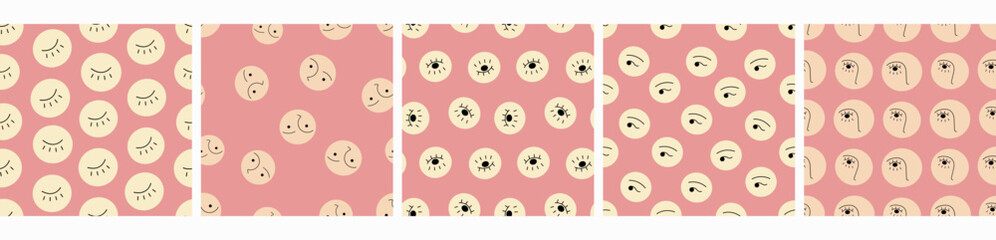 Collection of five creative patterns, abstract drawing. Continuous flat vector illustration, repeatable background.