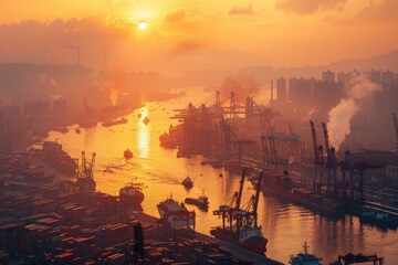 Fototapeta premium Large seaports, container terminals, and cargo ships