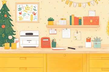 A festive 3D cartoon illustration of an office desk during the holidays