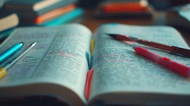 Closeup of an open book with handwritten notes in the margins, pens and highlighters scattered around, study session ambiance, intellectual and focused, copy space.,
