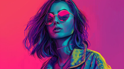 Fototapeta premium A beautiful woman with shoulder-length hair, wearing sunglasses and an open jacket in the style of detailed character illustration