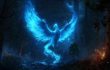 A blue glowing phoenix rising from its ashes in the dark woods