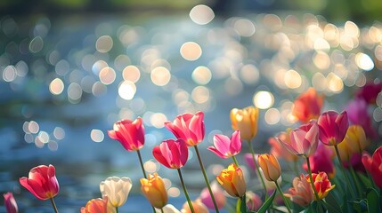 Spring riverside tulips poster background © jinzhen