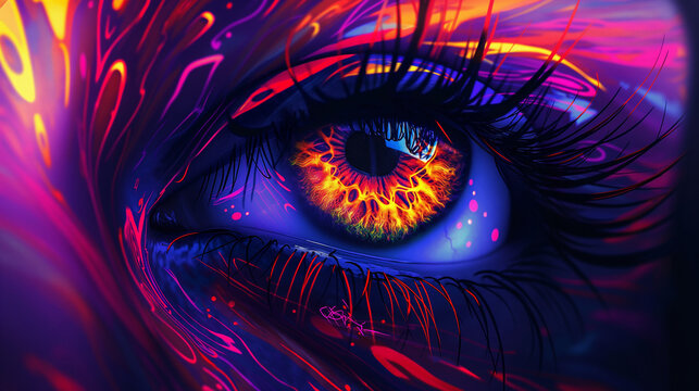 A close up of an eye with colorful makeup, detailed digital art in the neon colorful style