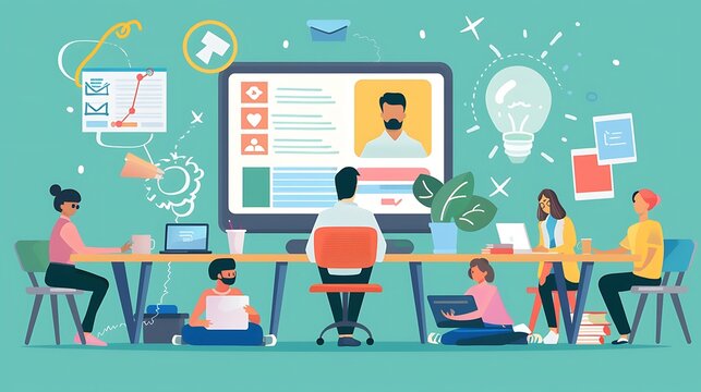 Teacher conducting an online class via video conference, students participating from different locations, digital learning tools and resources, innovative education, copy space.,