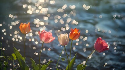 Spring riverside tulips poster background