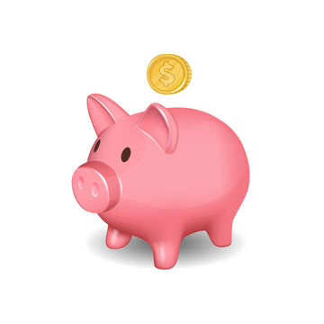 Piggy bank and gold coin. Realistic 3D design. Budget, financial growth, save money, safe finance investment concept. Vector illustration.