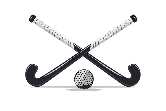 Field hockey. Sports supplies for playing on a white background. Hockey stick and ball. Crossed sticks for hockey. Sports competition on the grass. 