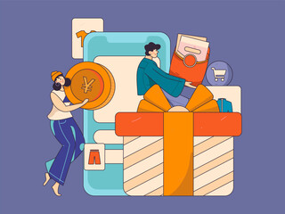 Holiday shopping people doing e-commerce online shopping flat vector concept operation hand drawn illustration
