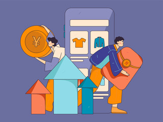 Holiday shopping people doing e-commerce online shopping flat vector concept operation hand drawn illustration
