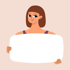 Young woman holding blank placard, poster, mockup. Pretty girl swowing empty presentation. Isolated illustration.