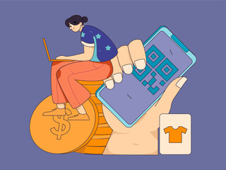 Holiday shopping people doing e-commerce online shopping flat vector concept operation hand drawn illustration
