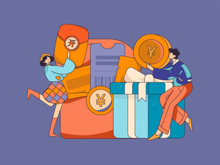 Holiday shopping people doing e-commerce online shopping flat vector concept operation hand drawn illustration
