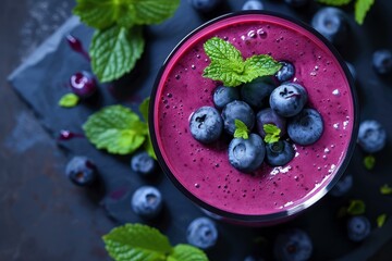 Overhead view of a vibrant blueberry smoothie topped with fresh berries and mint on a dark backdrop
