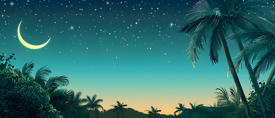 Islamic background featuring crescent, stars and palm trees with a great copy space for text.
