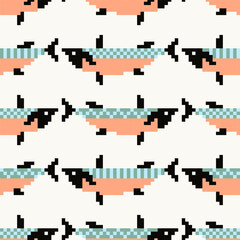 Vector seamless pattern, background, design, fish print. Pixel art
