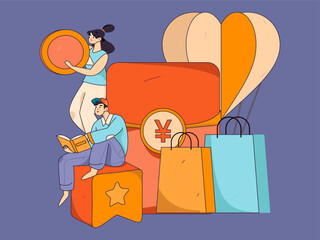 Holiday shopping people doing e-commerce online shopping flat vector concept operation hand drawn illustration
