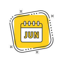 Cartoon monthly calendar icon vector illustration. June on isolated yellow square background. Calendar leaf sign concept.