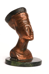 Bust of Nefertiti made of brass isolated on the white background. Front view.