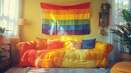 Close-up of a rainbow flag subtly hanging in the background of a living room , Asia Person, Leading lines, centered in frame, natural light,photography