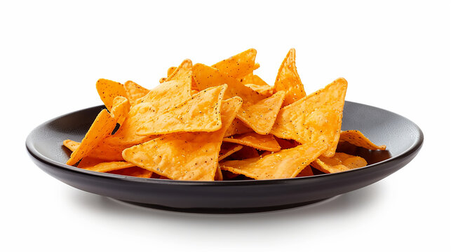corn nachos on black plate isolated on white background doritos concept