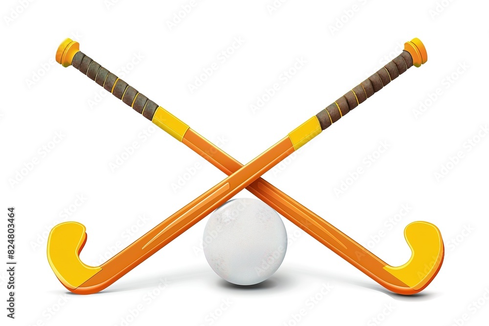 Wall mural Field hockey. Sports supplies for playing on a white background. Hockey stick and ball. Crossed sticks for hockey. Sports competition on the grass.